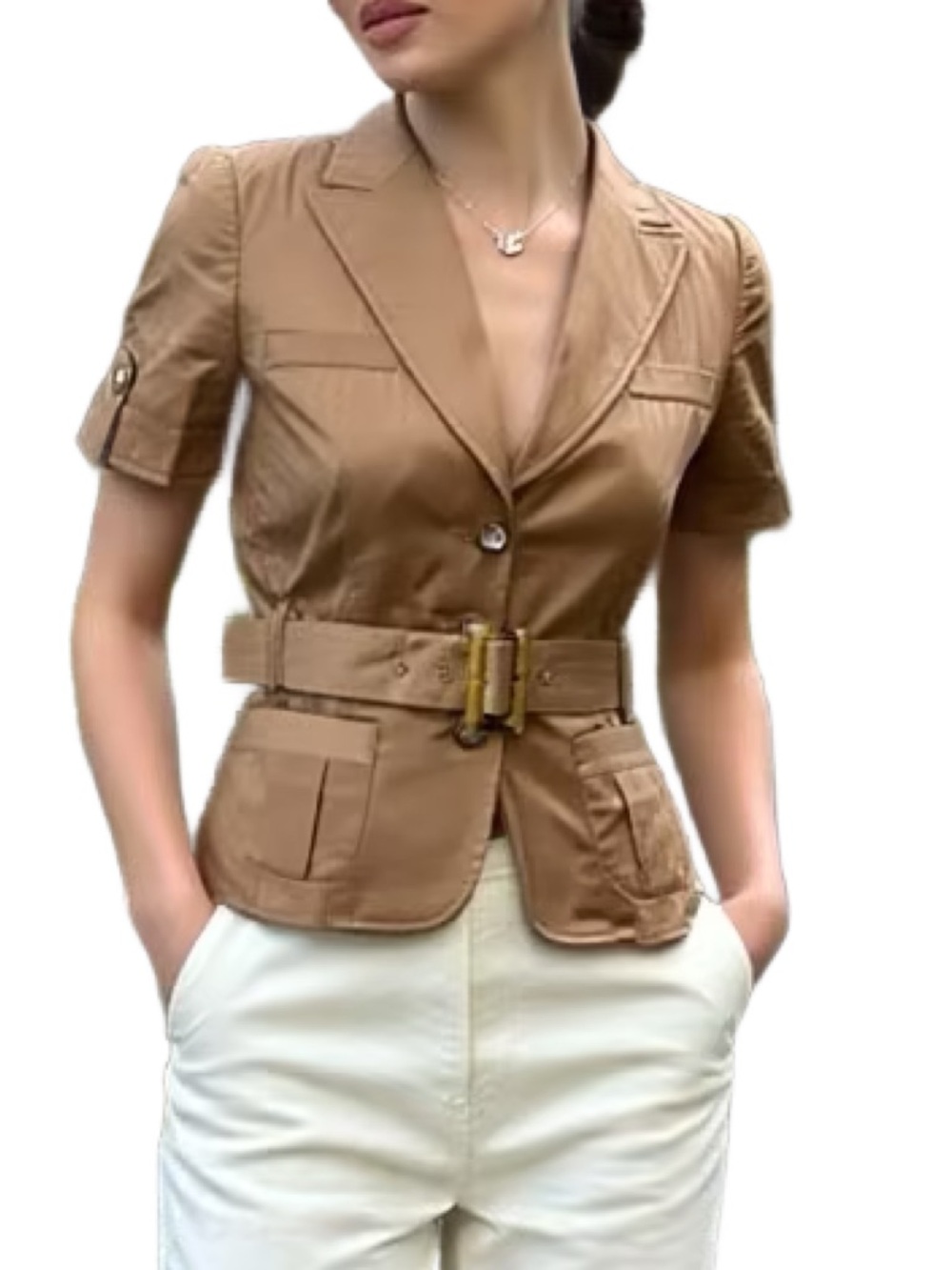 Femme de Carriere Belted Cropped Short Sleeve Safari Blazer in Tan Size 30